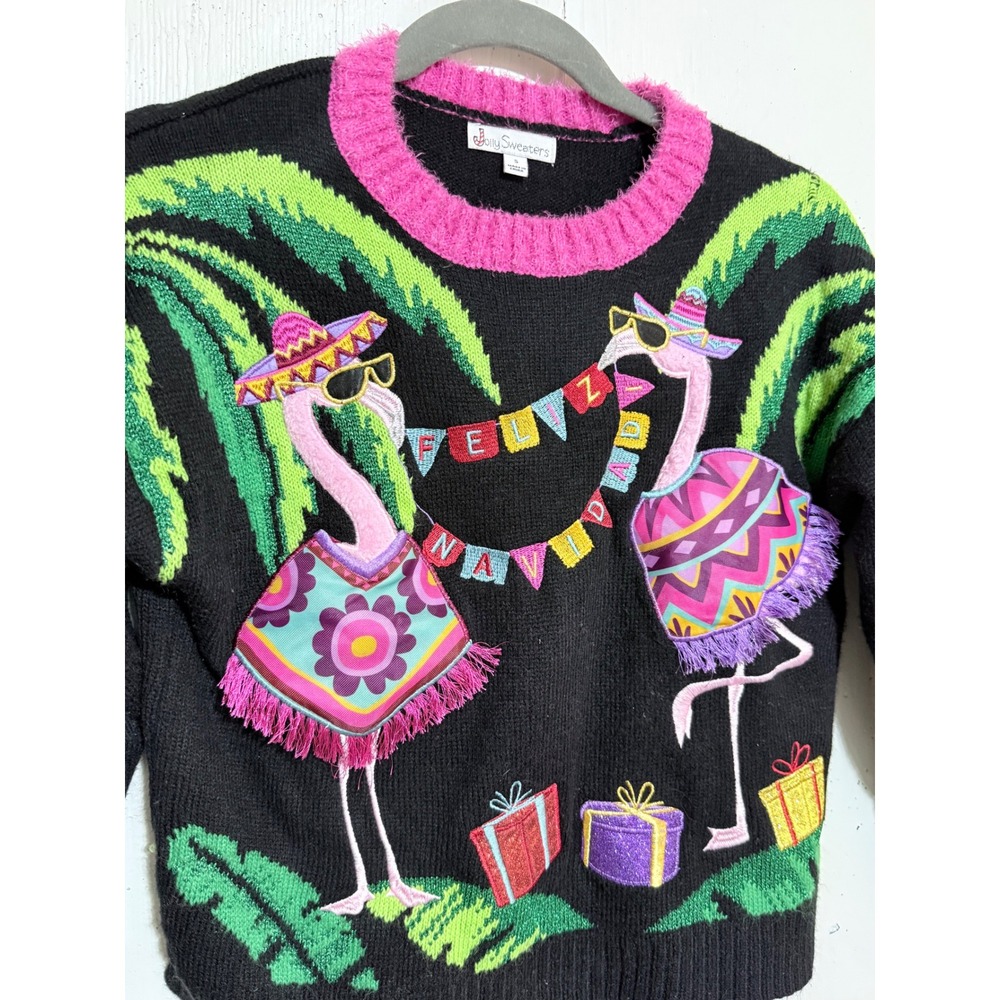 Jolly Sweaters Womens Feliz Navidad Flamingo Ugly Christmas Sweater Small